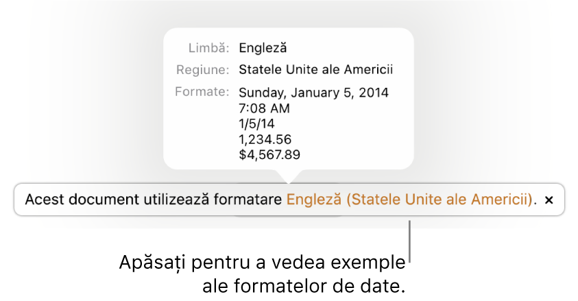 Notificarea privind configurarea limbii și regiunii diferite, afișând exemple de formatare în limba și regiunea respectivă.