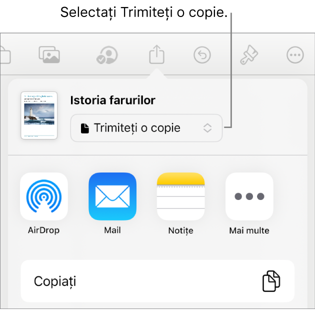Meniul Partajează, cu opțiunea Trimite o copie selectată în partea de sus.