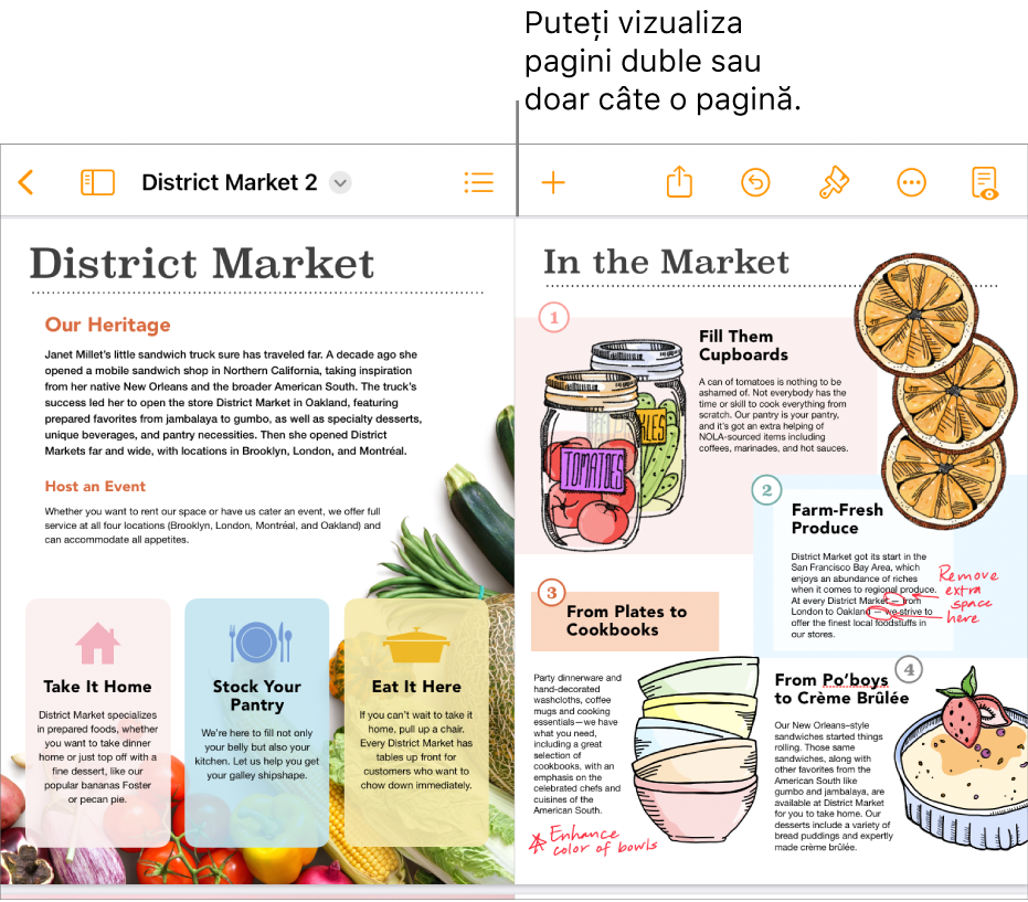 Un document cu paginile afișate ca pagini duble.