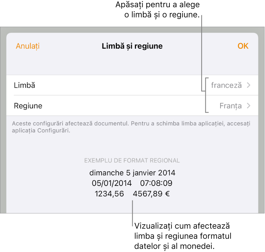 Panoul Limbă și regiune, cu comenzile pentru limbă și regiune și un exemplu de format, inclusiv data, ora, zecimale și valuta.