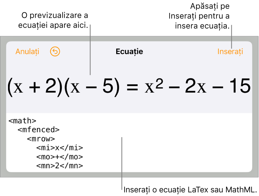Caseta de dialog Ecuație, afișând o ecuație scrisă cu ajutorul comenzilor MathML și, deasupra, o previzualizare a formulei.
