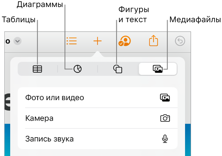 Открыты элементы управления параметра «Вставить» с кнопками для добавления таблиц, диаграмм, текста, фигур и медиафайлов, расположенными сверху.