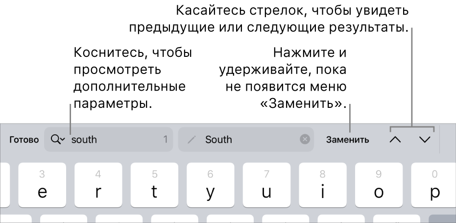 Элементы управления параметром «Найти и заменить» над клавиатурой. Выноски указывают на кнопки «Параметры поиска», «Заменить», «Перейти вверх» и «Перейти вниз».