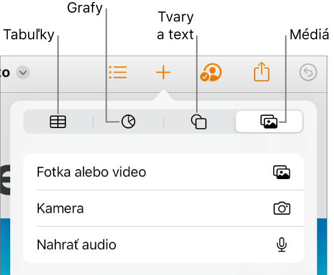 Ovládacie prvky Vložiť s tlačidlami na pridávanie tabuliek, grafov, textu, tvarov a médií v hornej časti.