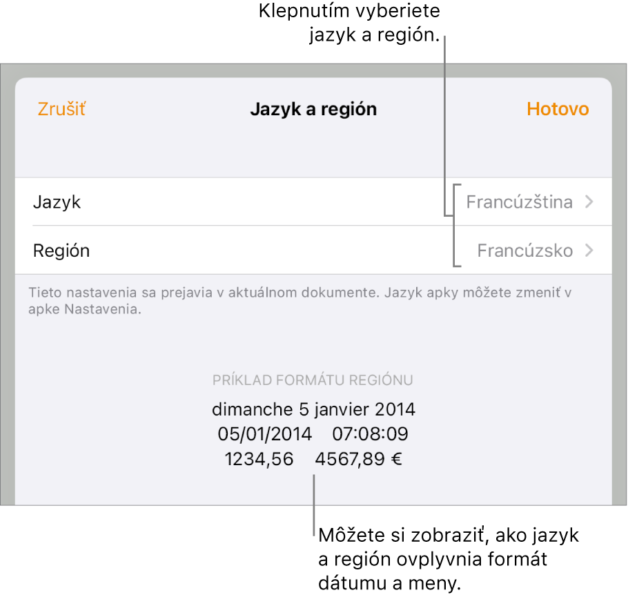 Panel Jazyk a región s ovládacími prvkami pre jazyk a región a príklad formátu dátumu, času, desatinného znaku a meny.