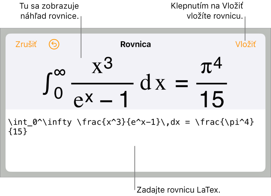 Dialógové okno Rovnica zobrazujúce rovnicu napísanú pomocou príkazov LaTeX, vyššie sa nachádza náhľad vzorca.