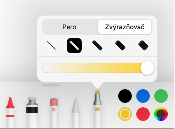 Menu nástroja Dynamické anotácie s tlačidlami pera a zvýrazňovača, možnosťami pre šírku čiary a posuvníkom nepriehľadnosti.