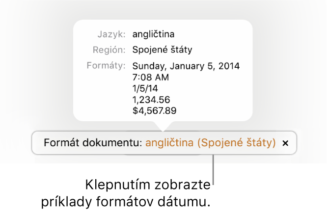 Hlásenie o inom jazyku a nastavení regiónu zobrazujúce príklady formátovania v danom jazyku a regióne.