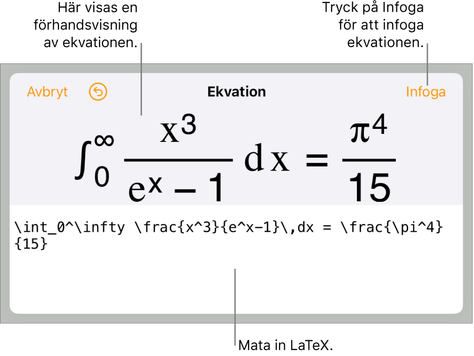 Dialogrutan Ekvation visar en ekvation som skrivits med LaTex-kommandon och en förhandsvisning av formeln ovanför den.