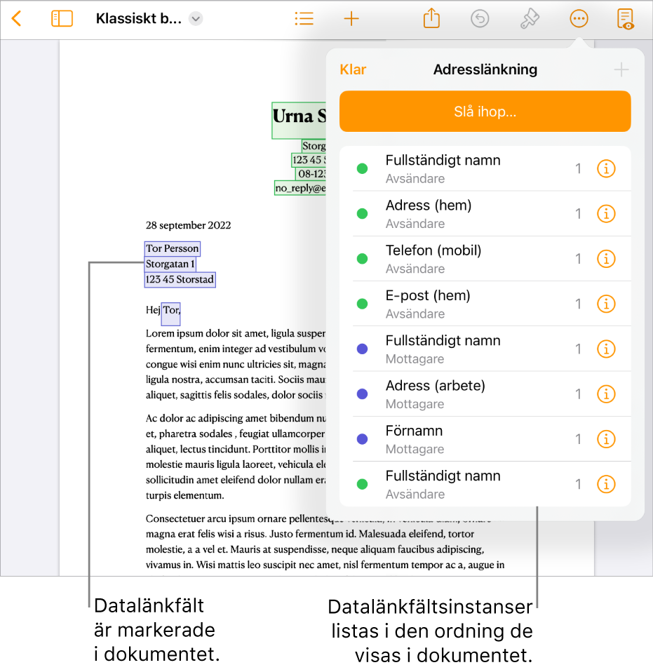 Pages-dokument med datalänkfält för mottagare och avsändare. Instanslistan för datalänkfältet är synligt i dokumentsidofältet.