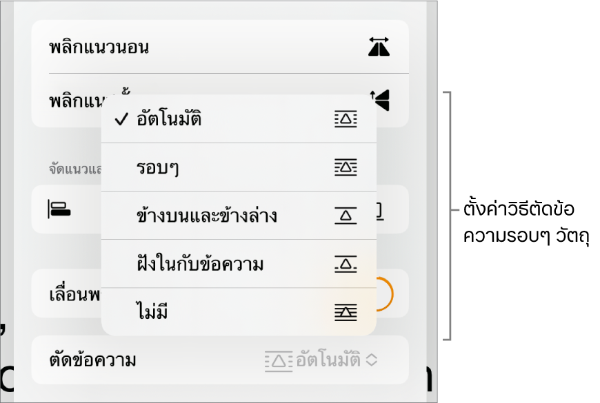 ตัวควบคุมรูปแบบที่มีแถบจัดเรียงถูกเลือกอยู่ ด้านล่างนั้นคือตัวควบคุมตัดข้อความที่มี ย้ายไปด้านหลังหรือด้านหน้า เลื่อนพร้อมข้อความ และตัดข้อความ