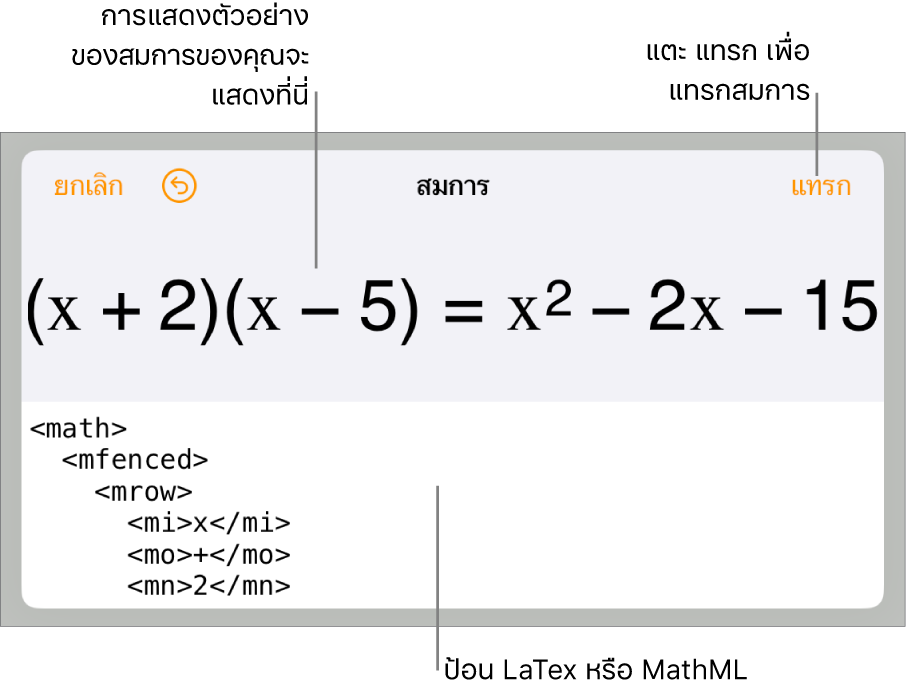 หน้าต่างโต้ตอบสมการ ที่แสดงสมการที่เขียนโดยใช้คำสั่ง MathML และการแสดงตัวอย่างของสูตรด้านบน