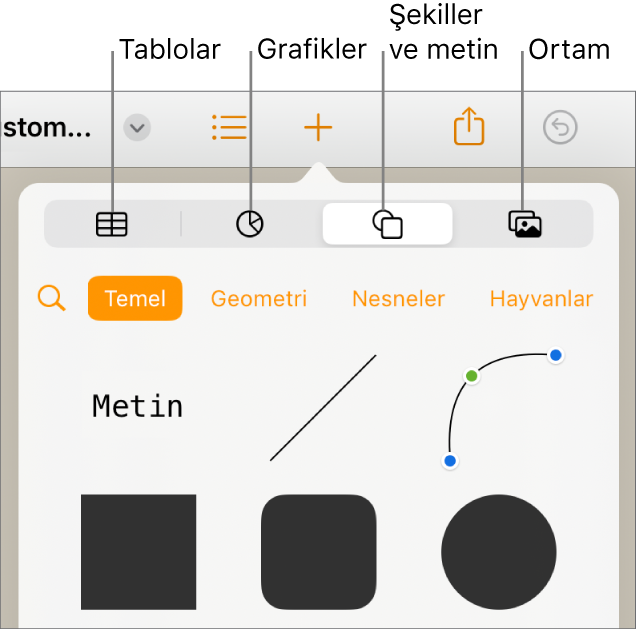 En üstte tablo, grafik, şekil (çizgiler ve metin kutuları da dahil olmak üzere) ve ortam seçme düğmelerini gösteren nesne ekleme denetimleri.