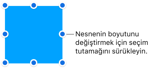 Sınırında büyüklüğünün değiştirilebilmesini sağlayan mavi noktalar olan bir nesne.