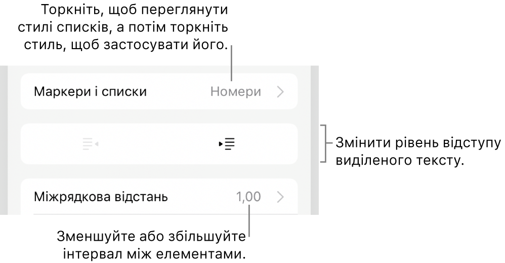 Розділ «Маркери і списки» елементів керування «Формат» з виносками на «Маркери і списки», кнопки виступів і відступів та елементи керування інтервалами.