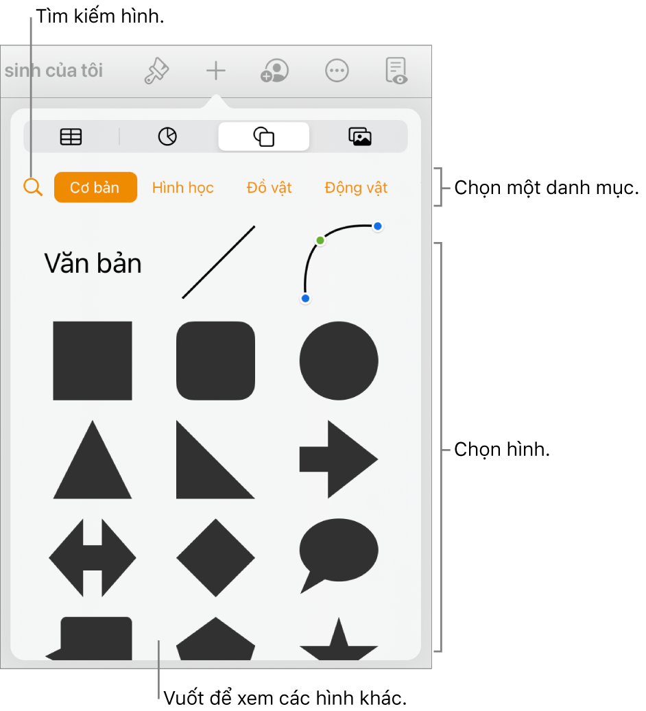 Thư viện hình dạng, với các danh mục ở trên cùng và các hình được hiển thị ở bên dưới. Bạn có thể sử dụng nút tìm kiếm ở trên cùng để tìm các hình và vuốt để xem thêm.