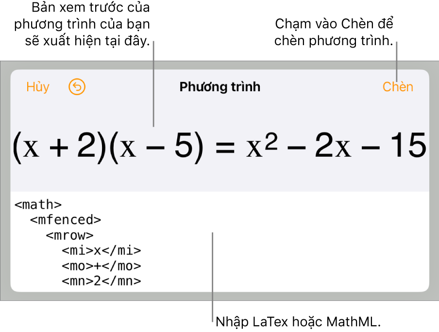 Hộp thoại Phương trình, đang hiển thị phương trình được viết bằng các lệnh MathML và bản xem trước của công thức ở bên trên.