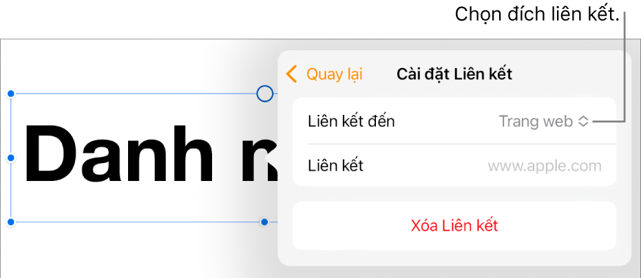 Các điều khiển Cài đặt Liên kết với Trang web được chọn và nút Xóa liên kết nằm ở cuối.