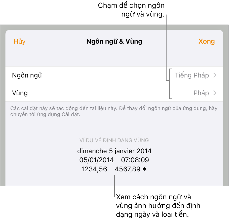 Khung Ngôn ngữ và Vùng với các điều khiển cho ngôn ngữ và vùng và ví dụ về định dạng bao gồm ngày, giờ, phần thập phân và loại tiền.