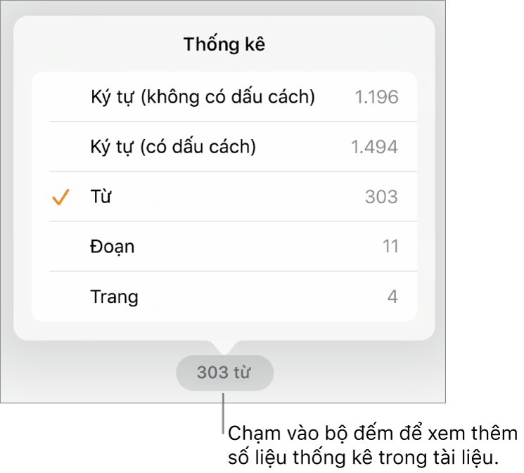 Bộ đếm từ với menu đang hiển thị các tùy chọn để hiển thị số lượng ký tự có và không có dấu cách, số từ, số đoạn và số trang.