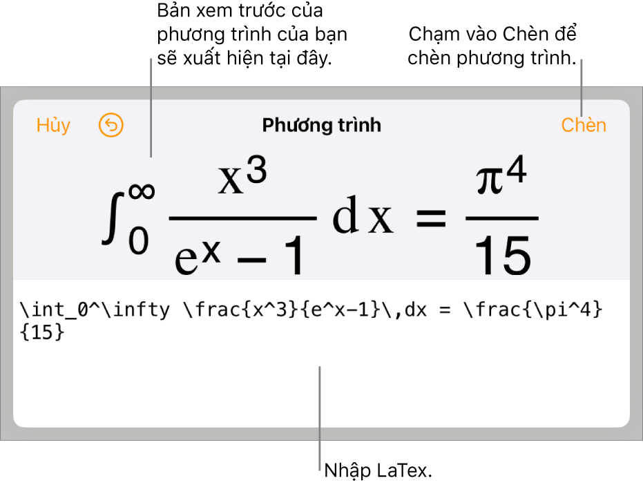 Hộp thoại Phương trình, đang hiển thị phương trình được viết bằng các lệnh LaTex và bản xem trước của công thức ở bên trên.