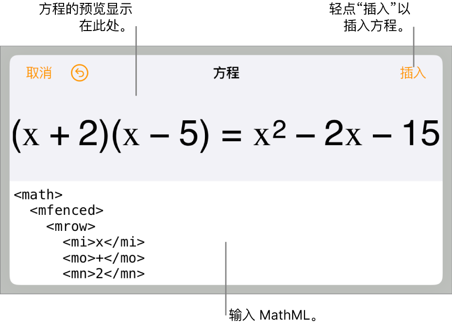 “方程”对话框，显示使用 MathML 命令所写的方程，以及上方公式的预览。