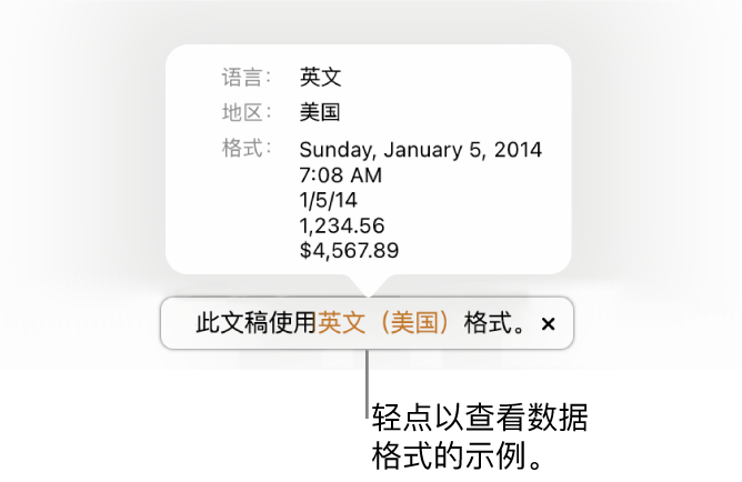 不同语言和地区设置的通知，显示该语言和地区的格式示例。