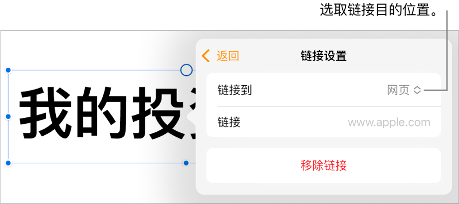 “链接设置”控制，“网页”已选中，“移除链接”按钮位于底部。