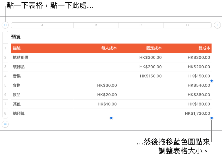 選取的表格，帶有調整大小的藍色圓點。