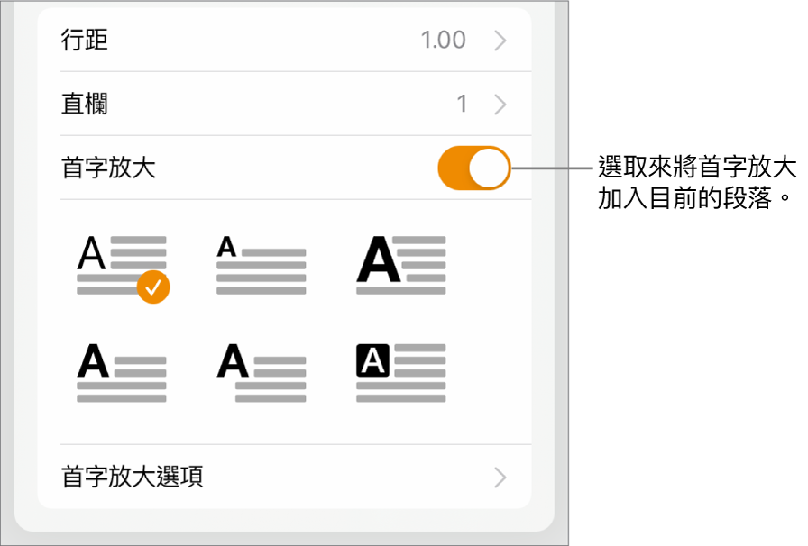 「首字放大」控制項目位於「文字」選單的底部。