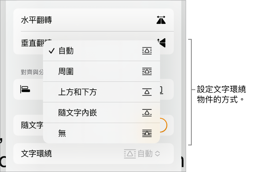 已選取「排列」標籤頁的「格式」控制項目。其下方為帶有「移至最後/最前」、「隨文字移動」和「文字環繞」的「文字環繞」控制項目。