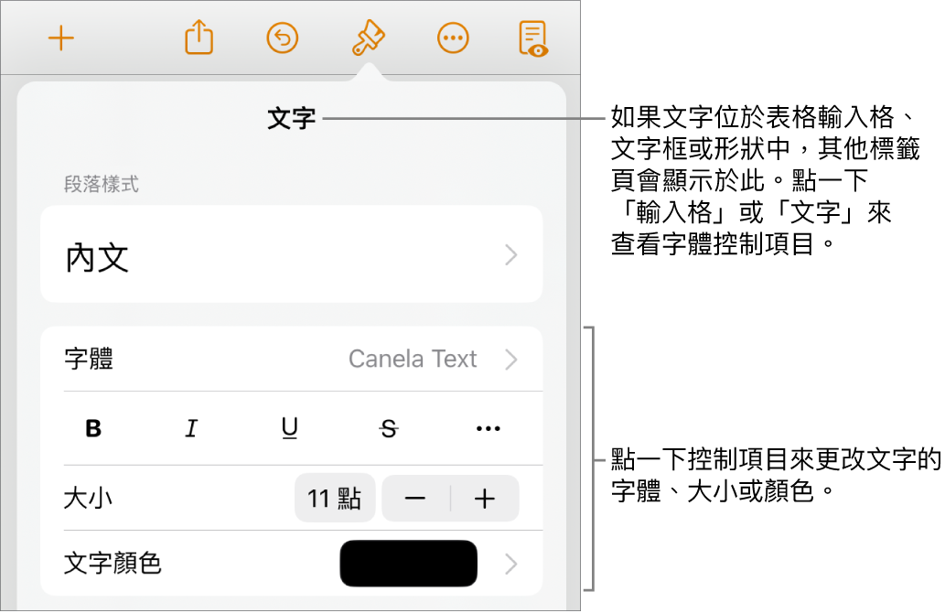 「格式」選單中設定段落及字元樣式、字體、大小和顏色的文字控制項目。