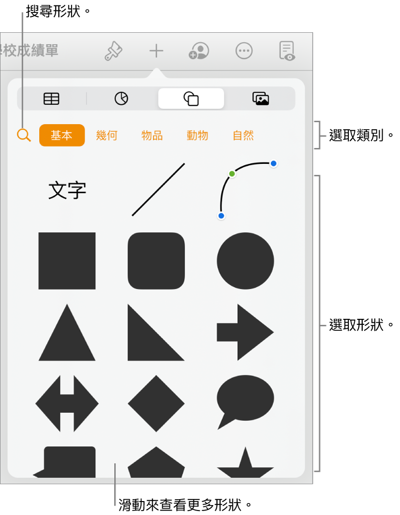 形狀資料庫，最上方是類別，下方顯示形狀。你可以使用最上方的搜尋按鈕來尋找形狀，並滑動來查看更多。