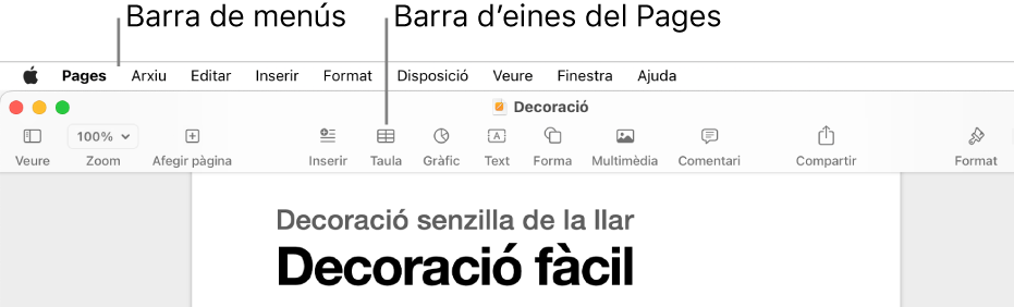 La barra de menú a la part superior de la pantalla amb els menús Apple, Pages, Arxiu, Editar, Inserir, Format, Ordenar, Veure, Compartir, Finestra i Ajuda. A sota de la barra de comentaris hi ha obert un document del Pages amb els botons de barra d’eines Veure, Zoom, “Afegir pàgina”, Inserir, Taula, Gràfic, Text, Forma, Multimèdia i Comentari a la part superior.