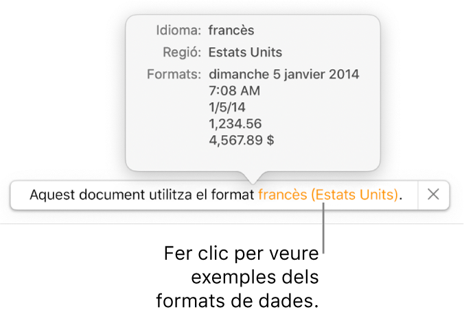 La notificació de la diferència de configuració d’idioma i regió, amb exemples del format d’aquell idioma i regió.