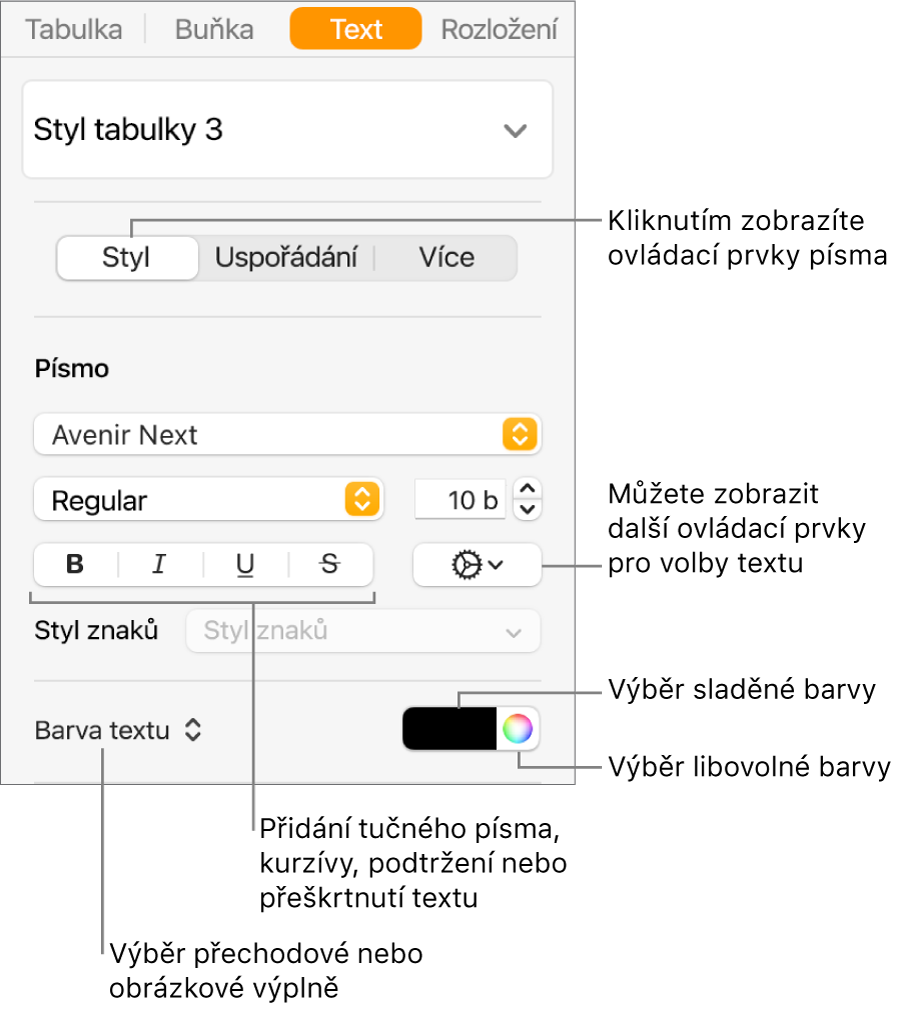 Ovládací prvky pro nastavení stylu textu v tabulce