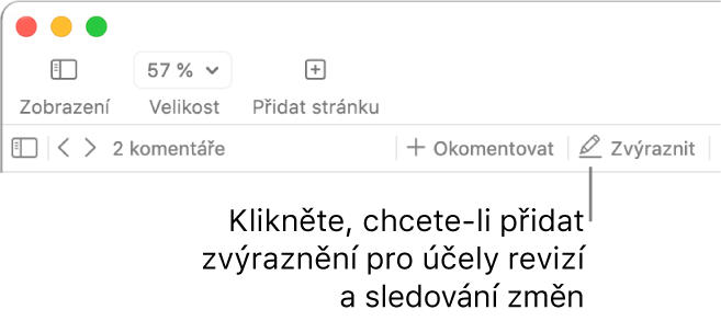 Řádek nabídek s nabídkou Přidat a pod ní panel nástrojů Pages se zobrazenými nástroji pro kontrolu a popiskem u tlačítka Zvýraznit