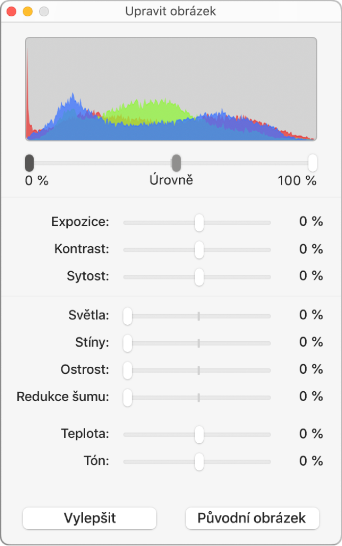 Okno Upravit obrázek s jezdci umožňujícími nastavit expozici, kontrast, sytost, světlá místa, stíny, ostrost, úroveň šumu, teplotu nebo tónování