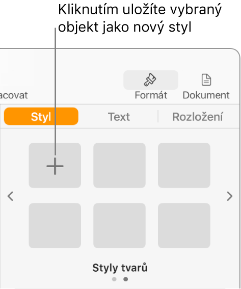 Panel Styl na bočním panelu Formát s tlačítkem Vytvořit styl v levém horním rohu a pěti prázdnými maketami stylu