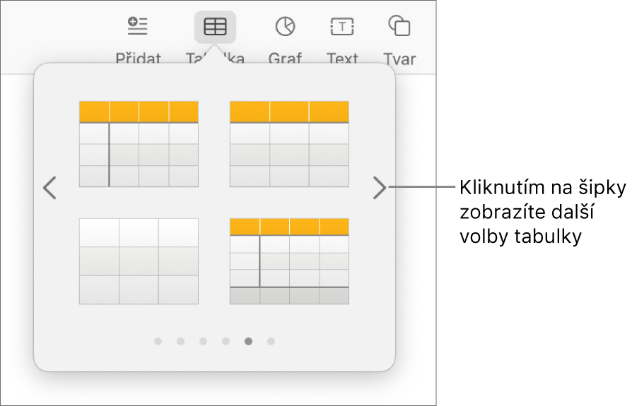 Nabídka Přidat tabulku s navigačními šipkami