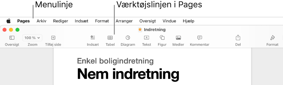 Menulinjen øverst på skærmen med menuerne Apple, Pages, Arkiv, Rediger, Indsæt, Format, Arranger, Oversigt, Del, Vindue og Hjælp. Under menulinjen ses et åbent Pages-dokument med knapperne Oversigt, Zoom, Tilføj side, Indsæt, Tabel, Diagram, Tekst, Figur, Medier og Kommentar på værktøjslinjen øverst.