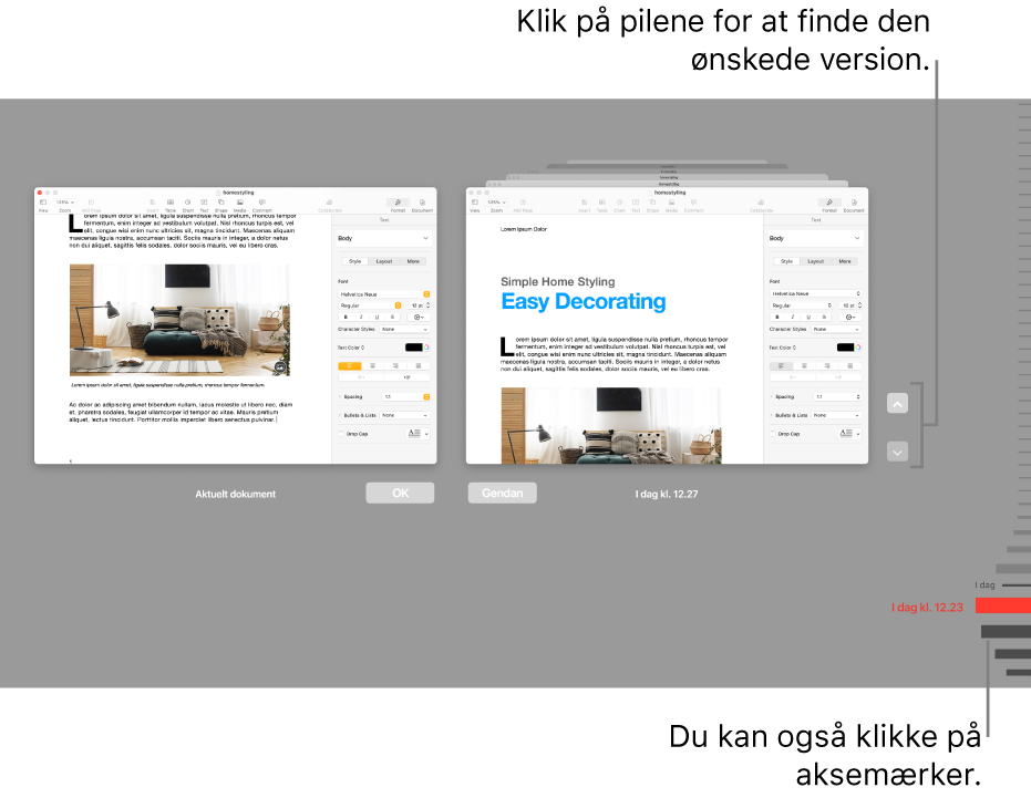 Tidslinjen med versioner, der viser det aktuelle dokument til venstre og en nylig version til højre.