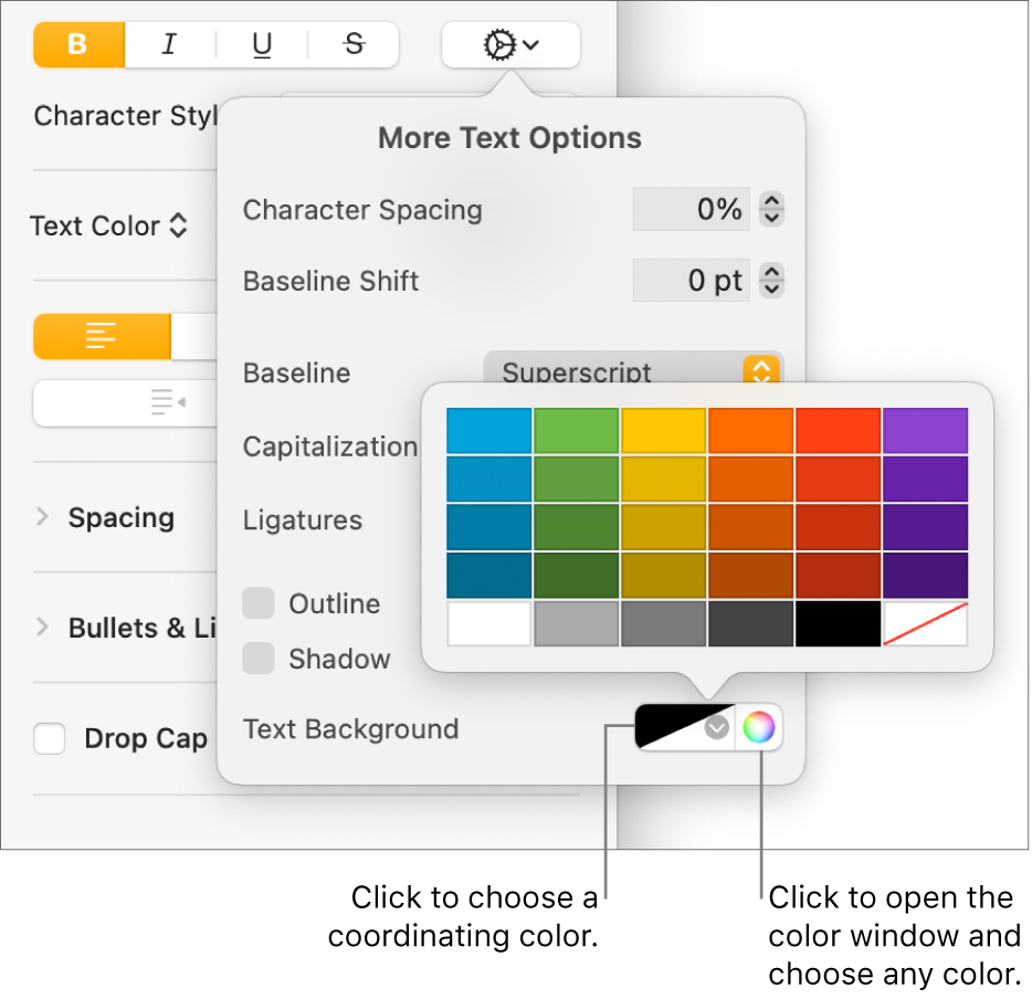 Controls for choosing a background color for text.