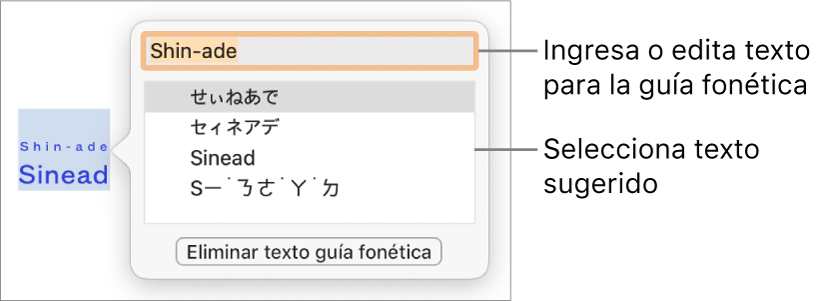 Guía fonética abierta para una palabra, con mensajes en el campo de texto y en el texto sugerido.