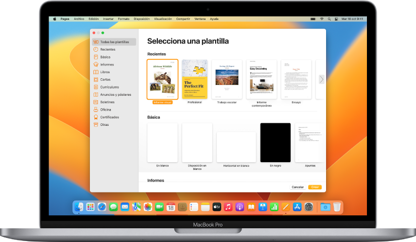 Un MacBook Pro con el selector de plantilla de Pages abierto en la pantalla. En la izquierda está seleccionada la categoría “Todas las plantillas” y en la derecha aparecen las plantillas prediseñadas en filas por categorías.