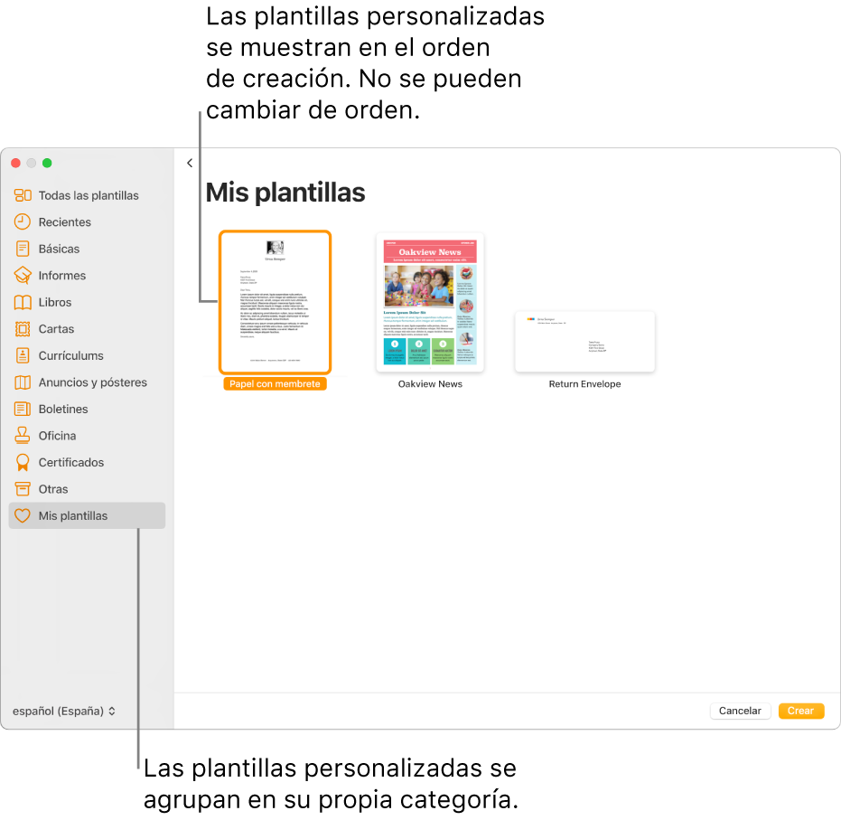 El selector de plantilla con la categoría “Mis plantillas” situada en el extremo izquierdo. Las plantillas personalizadas aparecen en el orden que se crearon y no se pueden reorganizar.