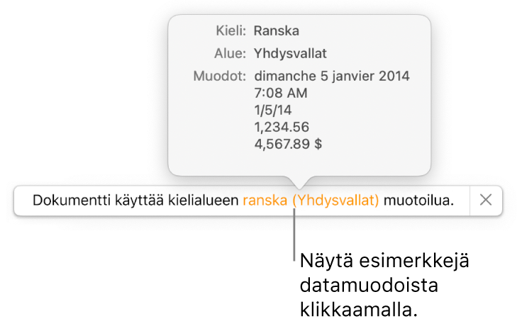 Eri kieli- ja alueasetuksen ilmoitus, jossa on esimerkkejä kyseisen kielen ja alueen muotoilusta.