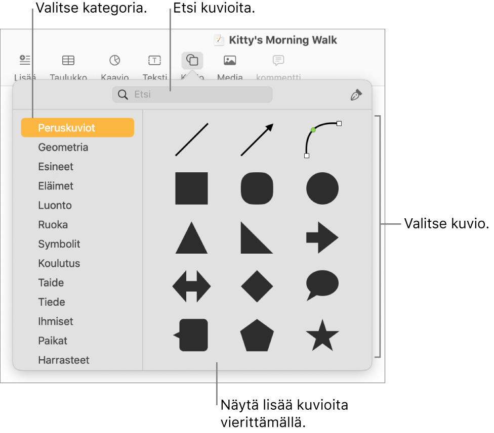 Kuviokirjasto, jossa näkyy vasemmalla kategorioita ja oikealla kuvioita. Voit etsiä kuvioita yläreunassa olevan hakukentän avulla ja näyttää niitä lisää vierittämällä.