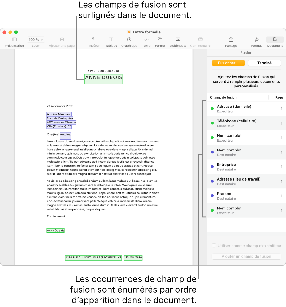 Document Pages avec champs de fusion de destinataire et d’expéditeur, et la liste des instances de champs de fusion visible dans la barre latérale Document.