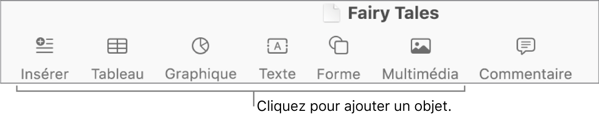 La barre d’outils avec des boutons permettant d’ajouter des tableaux, des graphiques, des zones de texte, des formes et du contenu multimédia.